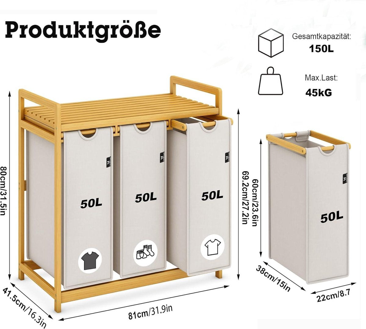 Wasmand met bamboeframe 150 l 3 vakken boogdesign wassorteerder lichtgrijs 06-16 - extra groot formaat duurzaamheid wasmand 3 vakken