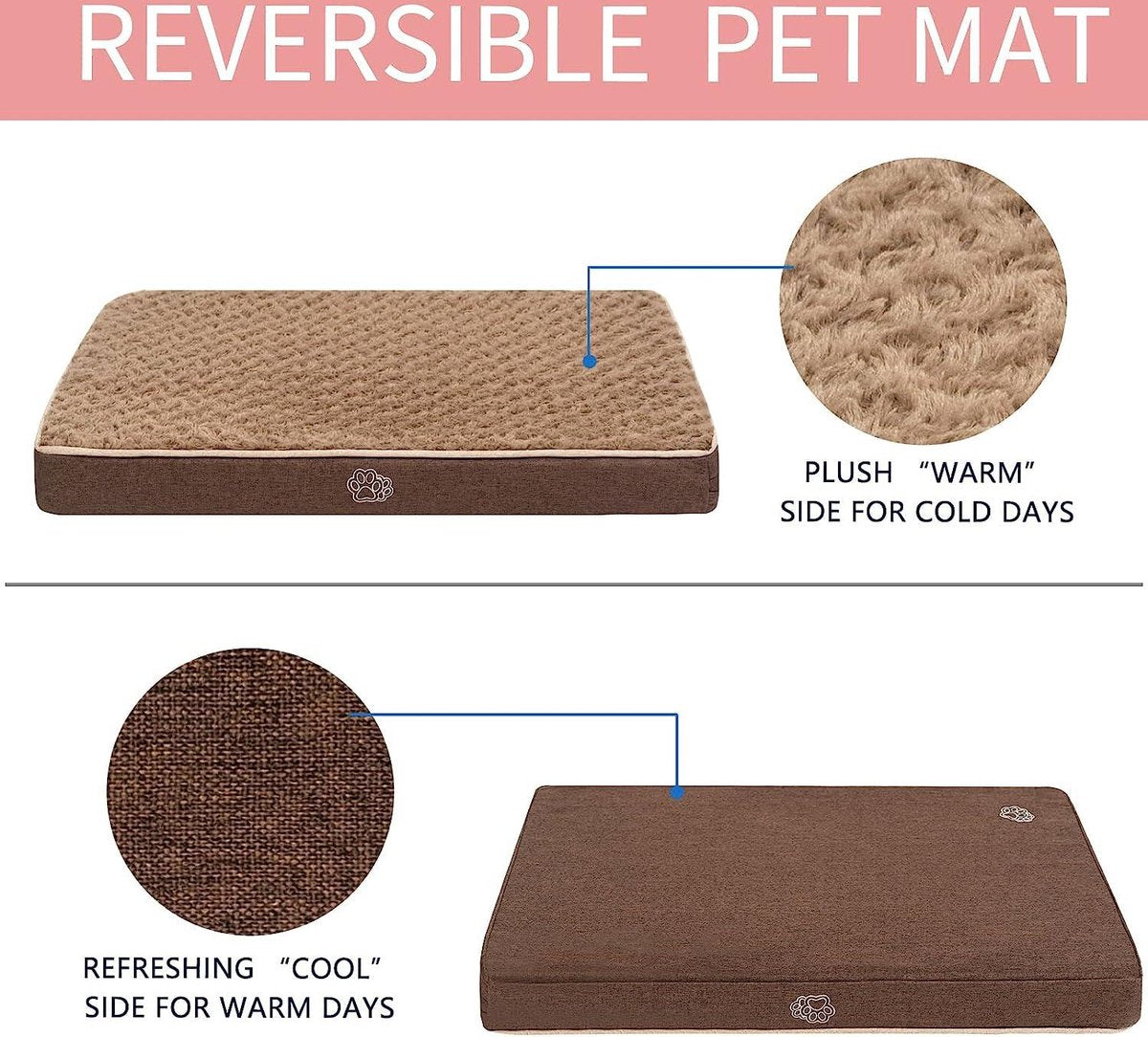Washable orthopedic dog mattress - removable cover - dog bed for large and medium-sized dogs - 90 x 60 x 7.5 cm - brown dog bed pouch