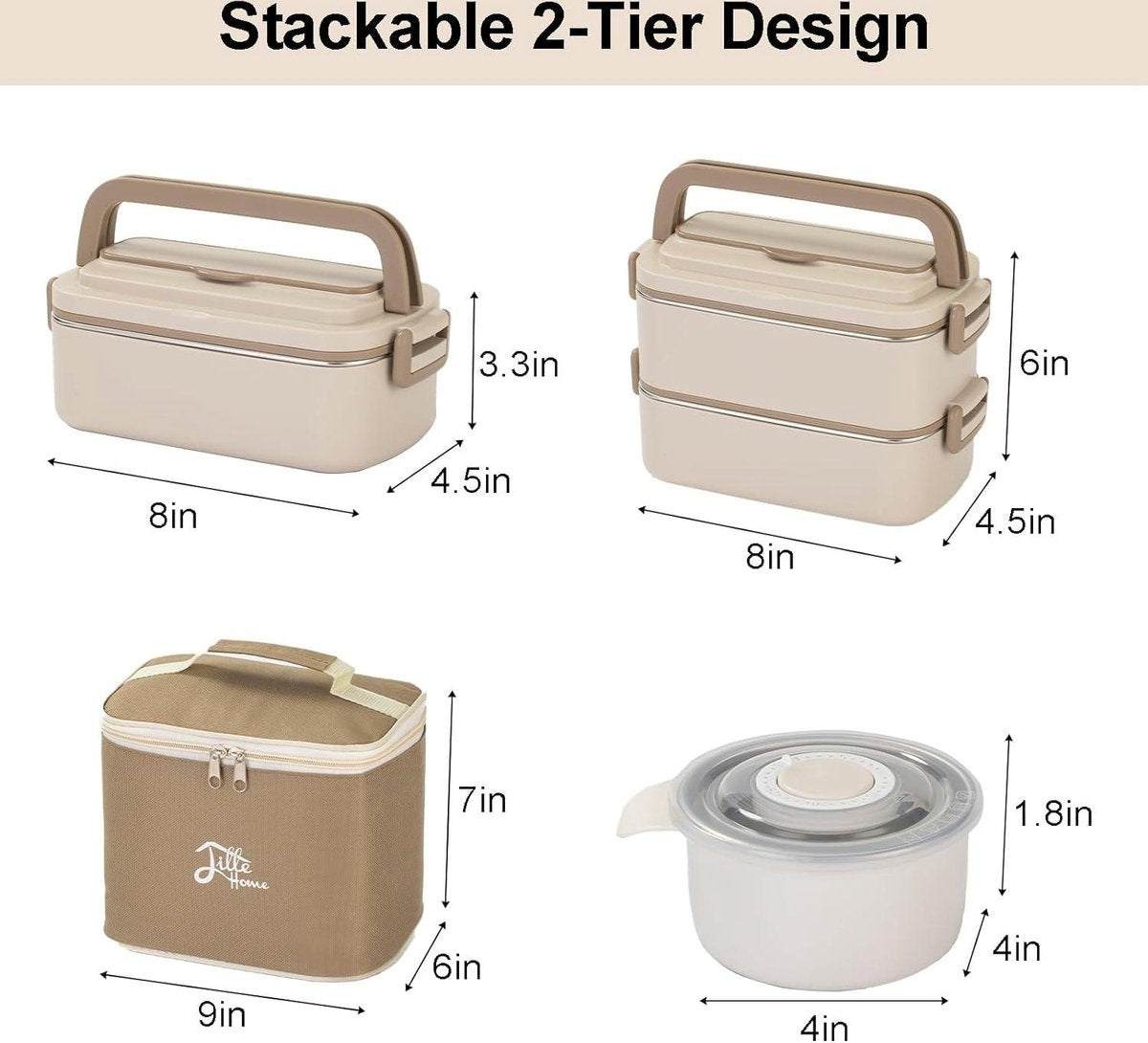 Lunchbox 1900ml Bento Box Volwassen Lunchbox roestvrij staal thermisch compartiment Tiffin Lunch Snack Box 2-laags geïsoleerde Bento voedselcontainer Stapelbare lunchbox met lunchtas en soepkom - Maat Large, Lille Home