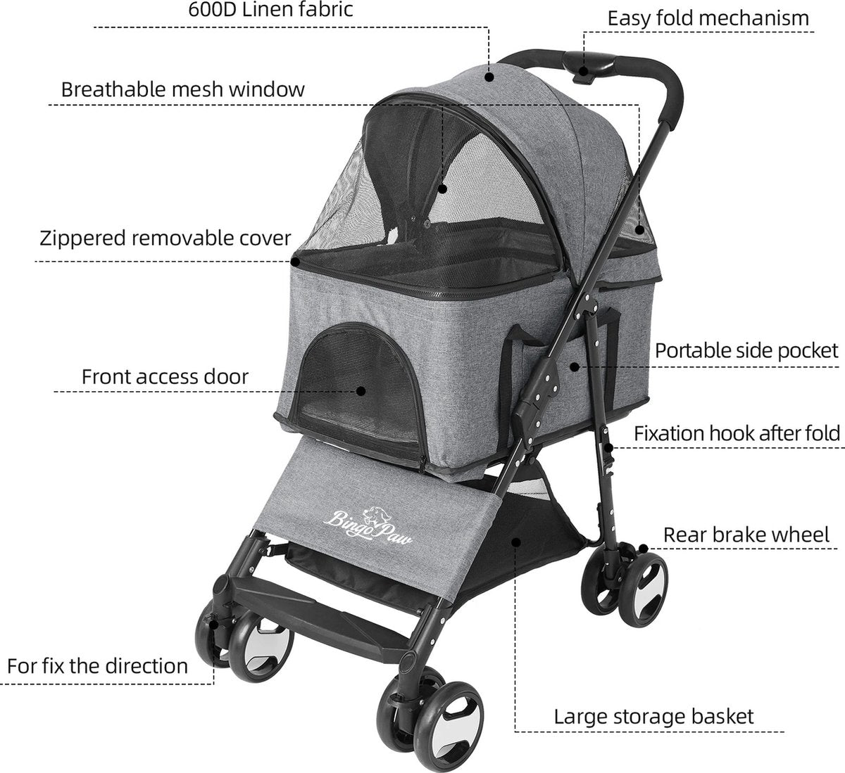 Volda® - Dog Stroller - Pram - Easily Foldable - Up to 30 kg - 4 Wheels - 50.5x77.8x99.5cm
