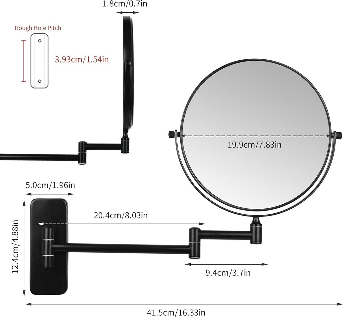 Wandmake-upspiegel met vergroting, 5x vergrotingsspiegel voor badkamer, zwart, 360 graden draaibaar, dubbelzijdige spiegel, uittrekbaar, scheerspiegel, wandmontage, diameter 20 cm
