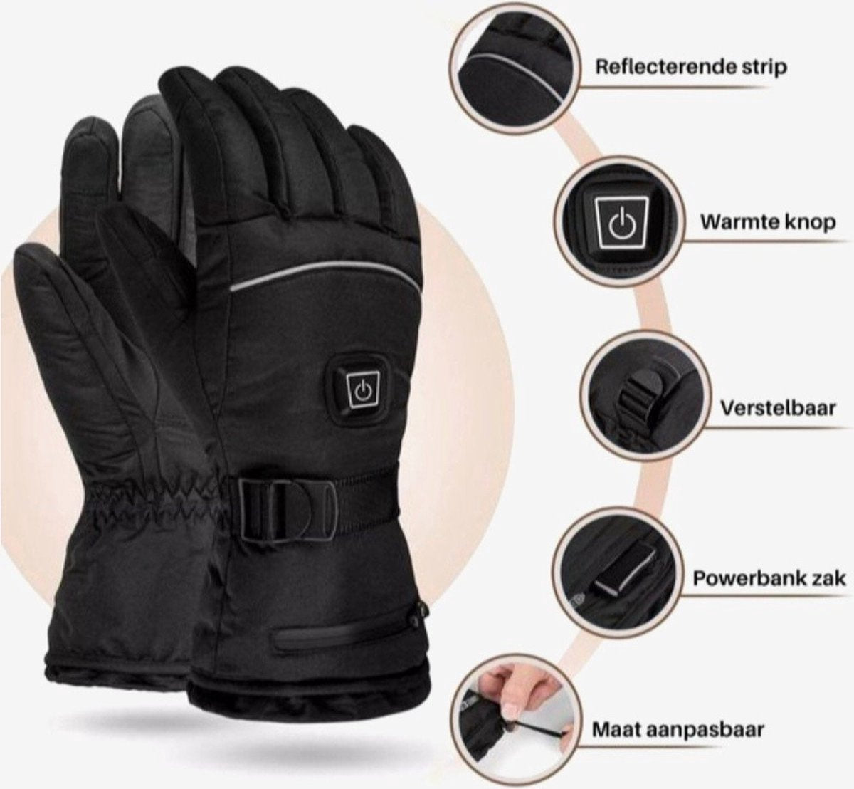 Heated gloves - Heated gloves - Electric heating - Winter - Includes Batteries - Rechargeable - Waterproof - Windproof - Black - Unisex - Onesize
