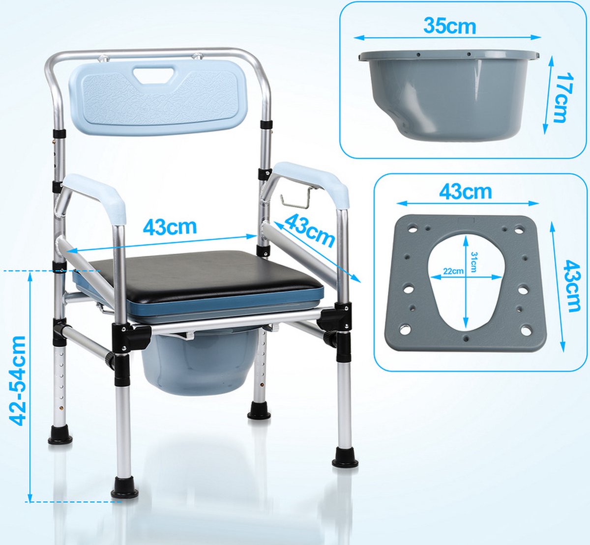 Commode Stoel Hoogte verstelbaar - Toilet hulpmiddel incl. gestoffeerde zitting en toiletemmer - Po stoel Ergonomisch - WC stoel Draagvermogen tot 160 kg