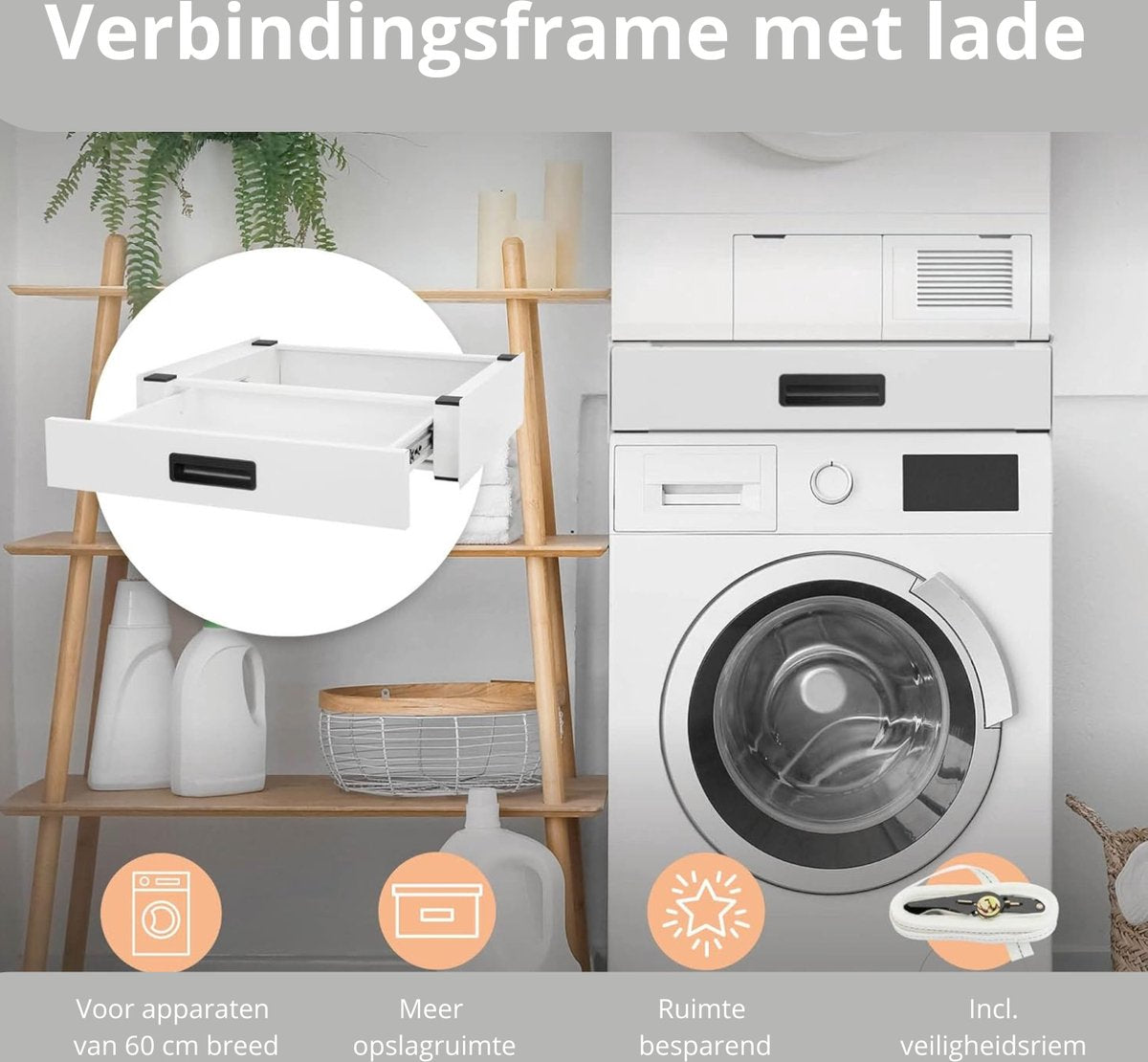 Tussenstuk Wasmachine Droger - Universeel - Stapelkit - Opbouwmeubel - Verhoger - Met Lade - Wit - 60,5x54x15