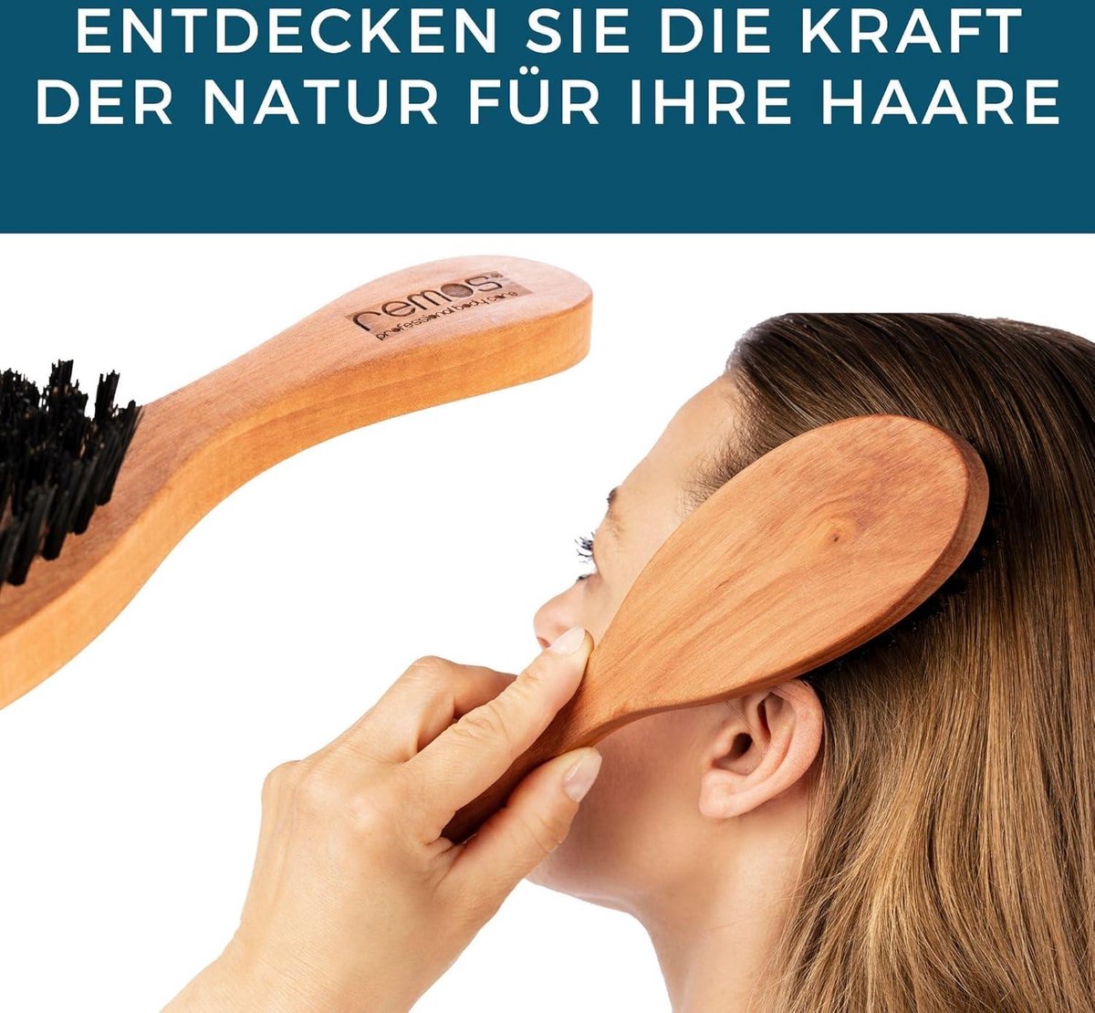 Hairbrush made from pearwood and wild boar bristles with a broad handle - natural REMOS quality