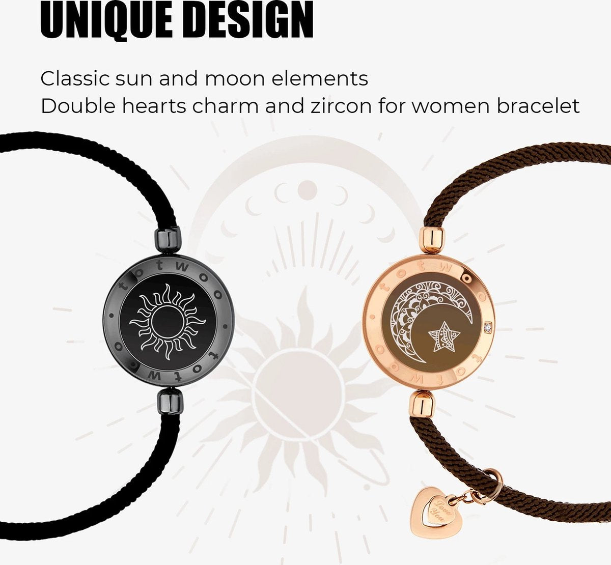 Twee Lange Afstand Touch Up En Tril Armbanden Voor Koppels, Lange Afstand Relatie Geschenken Slimme Zon & Maan Liefde Armband Valentijn Liefde Relatie Trouw Gadgets Met Prachtige Cadeau Box Doos Goud + Zwarte Armband