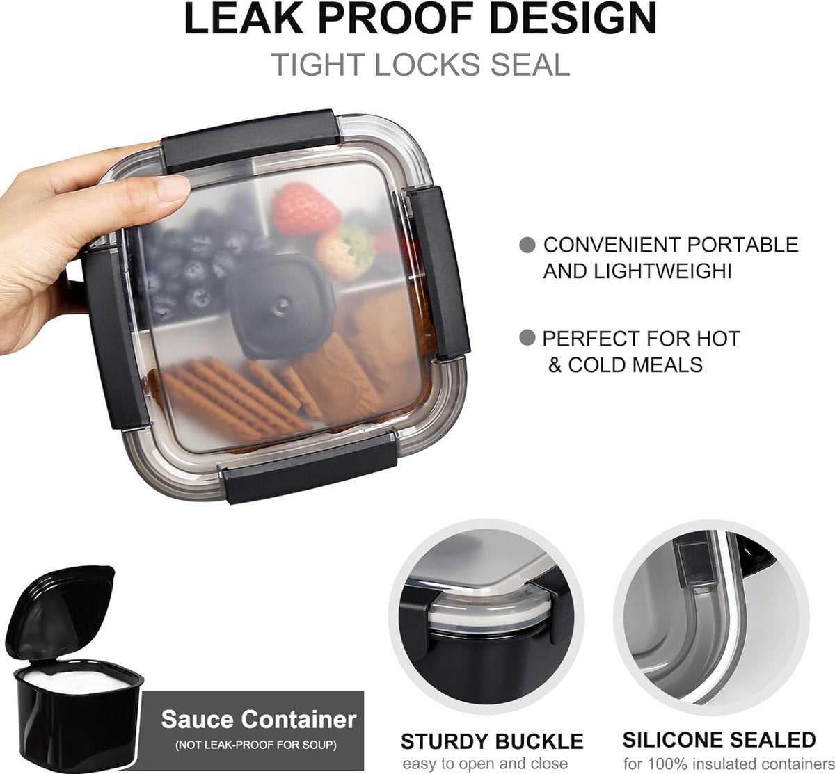To Go Salad Container Lunchcontainer, BPA-vrij, 3-vaks voor salade toppings en snacks, slakom met dressing container, ingebouwde herbruikbare lepel, magnetron bestendig (zwart)