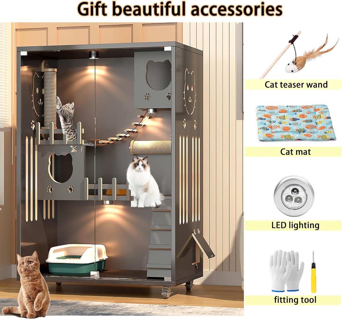 Large houten kattenhuis met wielen 90 x 60 x 125 cm - Kattenvilla met ledverlichting - Winterbestendig kattenhuis - Kattenbed voor huisdieren