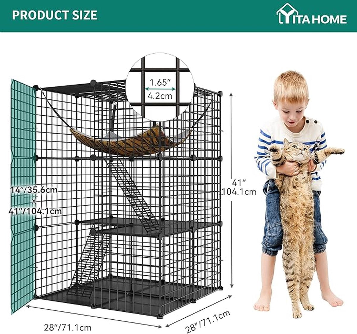 3-Tier DIY kattenkooi met hangmat voor 1-2 katten - binnenverblijf voor katten met metalen draad dichtheid - geschikt voor fret, chinchilla, konijn 72 x 72 x 104 cm