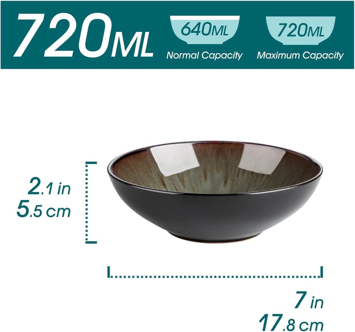 Bubble Pottery 720ml Breakfast Bowl Set of 4 - Brown Reactive Glaze - Salad-Fruit-Snack-Dessert-Soup Bowl - 17.8 x 17.8 x 5.5 cm