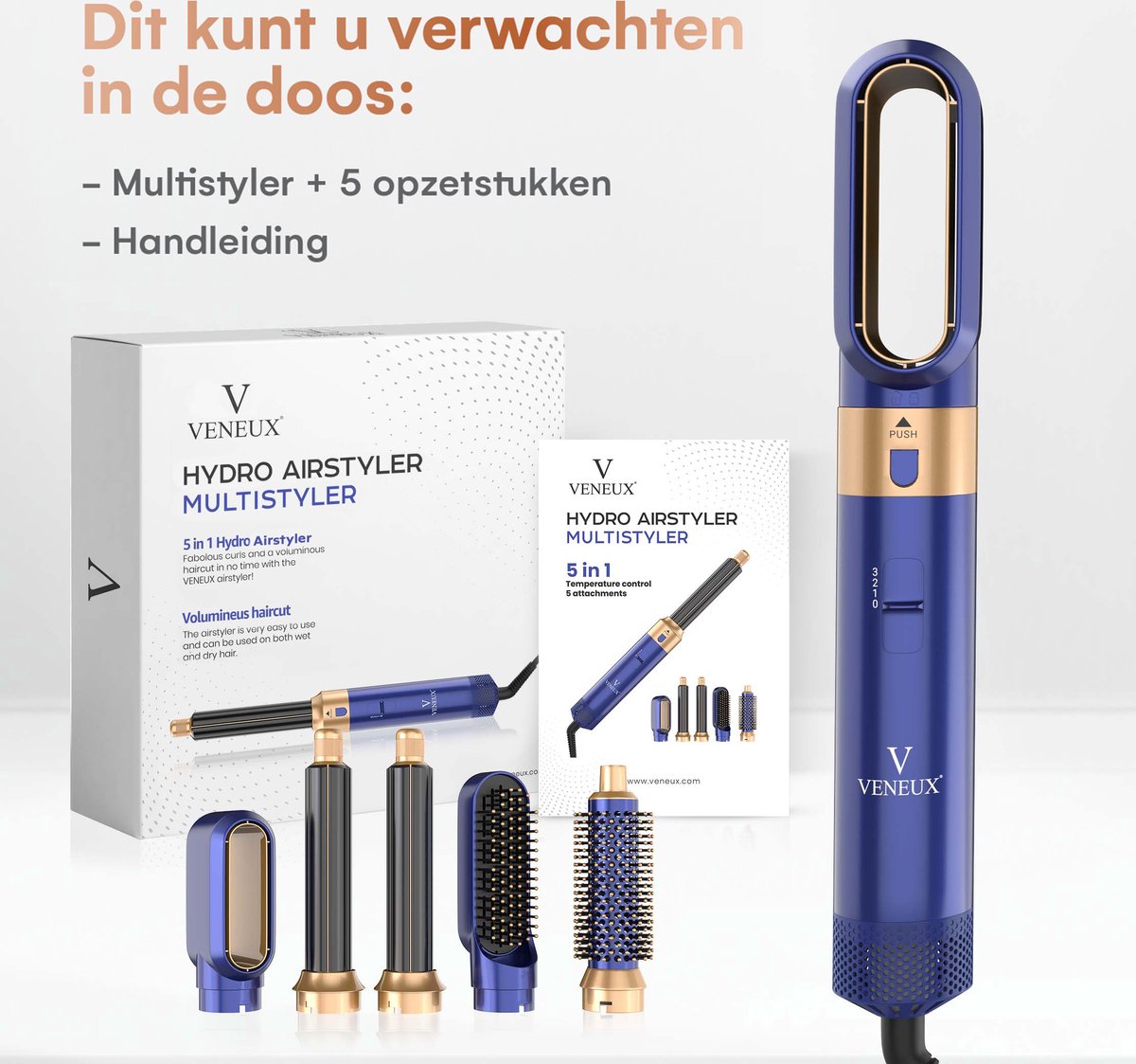 VENEUX® Föhnborstel - Airstyler - Krulborstel - Krultangen - 5-in-1 Multistyler – Blauw Met Goud