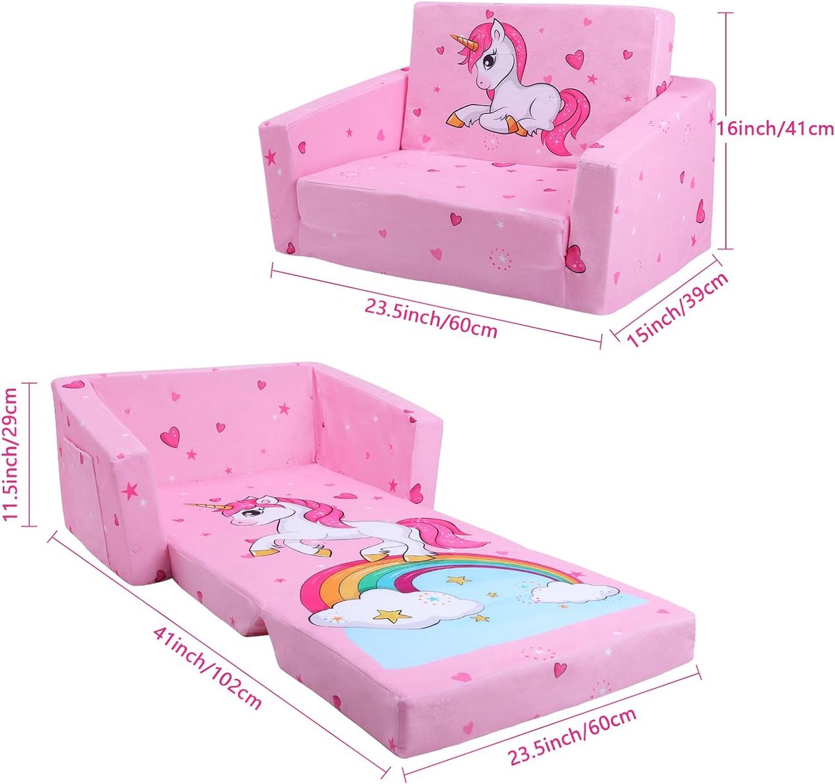 Foldable Children's Sofa Backrest, 2-in-1, Stable Toddler Chair with Fabric Bag and Non-Slip Cushion, Soft Lightweight Flip-Open Children's Chair for Bedroom, Living Room, Playroom, Unicorn