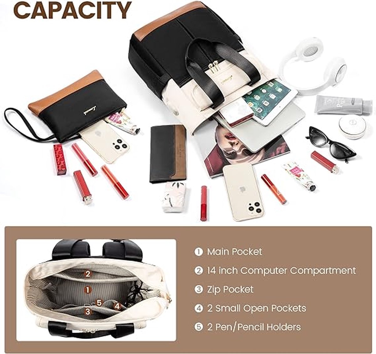 Small backpack 2-piece - Black/beige/brown - USB charging port - 2 pieces - Backpack for women - School, work, office, travel