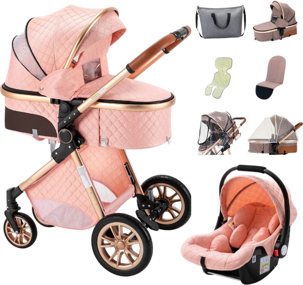 Luxe 2-in-1 Kinderwagen - Wandelwagen - Autostoeltje - Buggy - Opvouwbaar - Roze - 0-36 Maanden