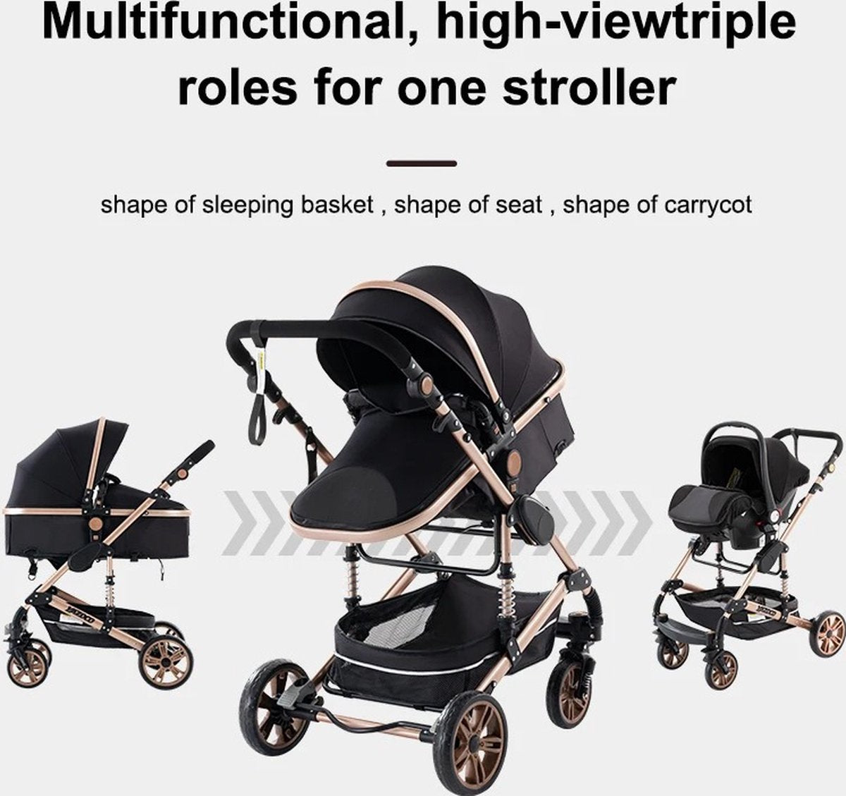 kinderwagen 3 in 1 - babywagen - opvouwbaar - Incl. draagbare reiswieg + autostoel - omkeerbare hoge zitplaats - verstelbare zonnescherm luifel - t/m 3 jaar - Kleur Zwart - schokabsorberende dempers