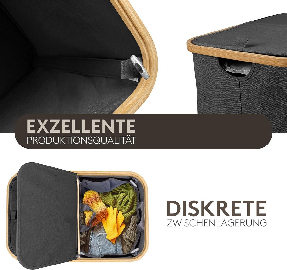Dark Laundry Basket 2 compartments with lid 100 litres bamboo fabric large laundry sorter - dark grey anthracite black - eco-friendly and durable