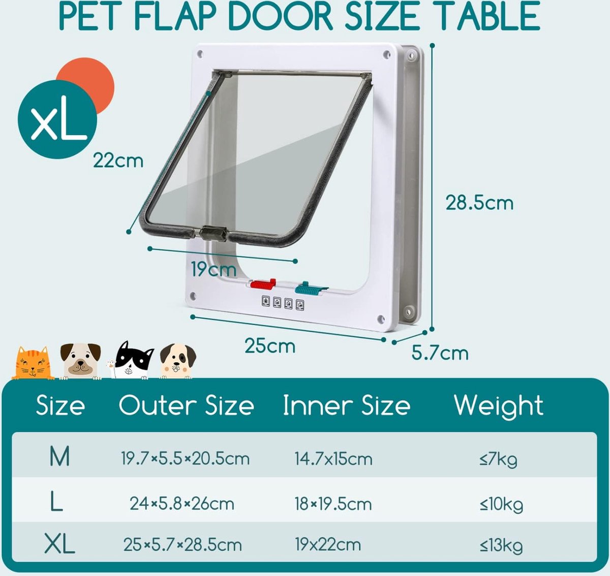 Kattenluik Hondenluik 4-weg magneetsluiting voor katten Hondenluik Kattenluik Huisdierluik Binnendeur voor katten en kleine honden (wit, XL)