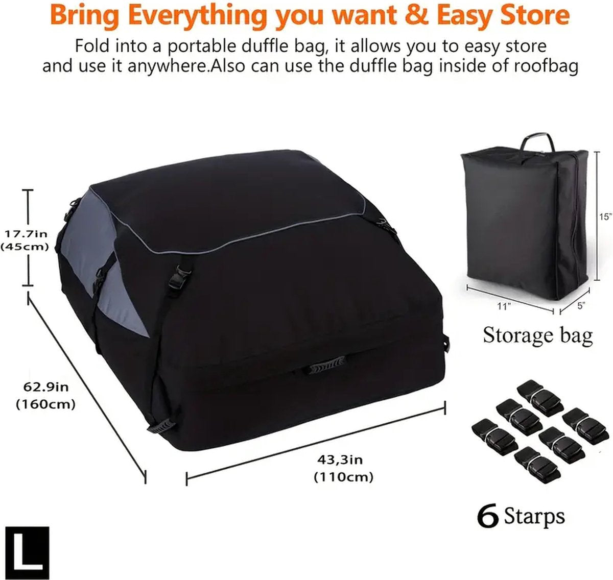 Foldable car roof bag 800L roof box - foldable travel bag car roof waterproof - BLACK