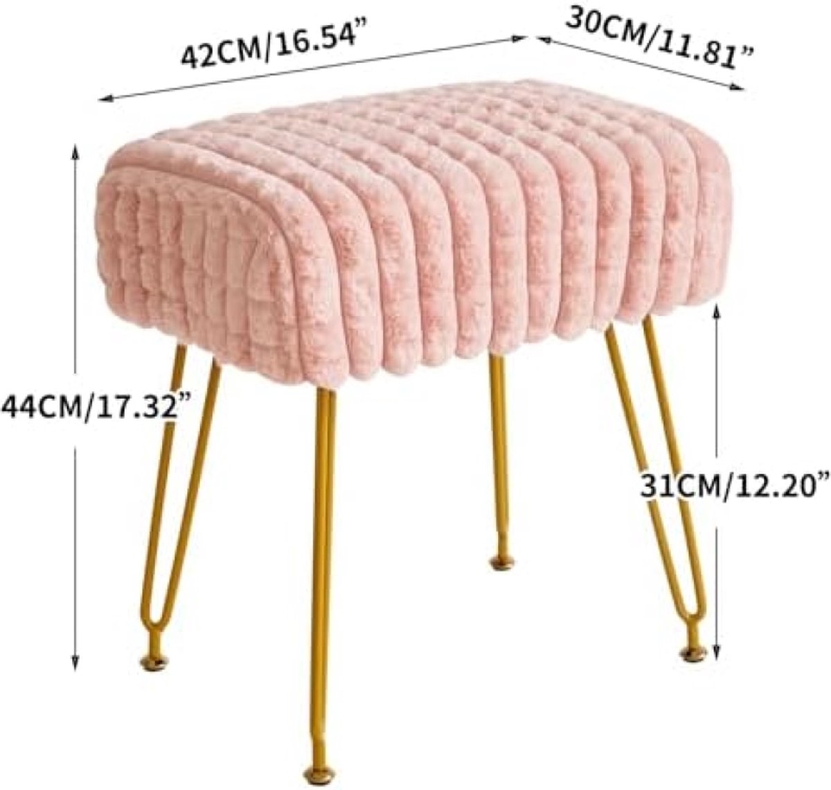 Rectangle footstool ottoman, make-up vanity stool side table, Velvet dressing table chair, Pouf bench stool, Golden steel legs, Square grid pattern, Pink