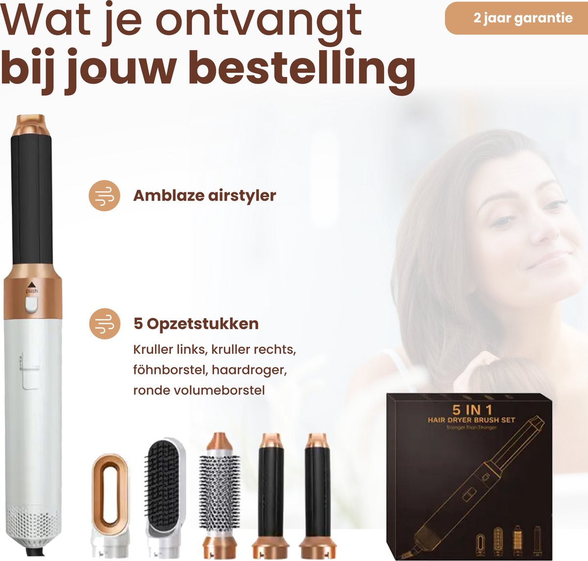 Airstyler Krultang 5-in-1 – Föhnborstel Roterend met Diffuser – Multistyler – 5 Opzetstukken – Kort & Lang haar – Haardroger