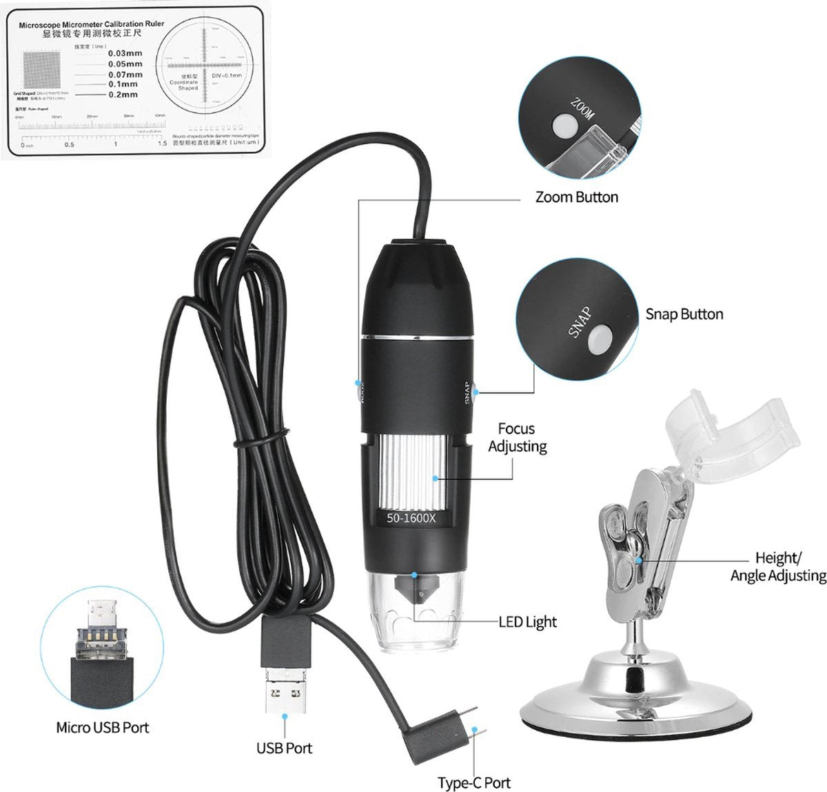 Digitale USB Microscoop - Microscoop Camera - 50-1600 X Vergroting met 8x LED Verlichting