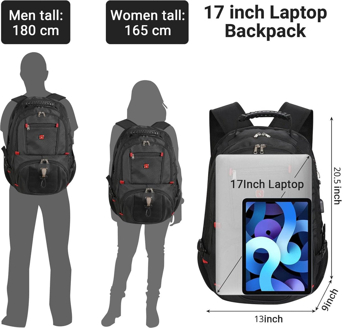 Men's backpack, 17 inch laptop, school backpack, work backpack, travel backpack, waterproof work bag, business travel backpack men, large school bag for work, university, travel, school, black