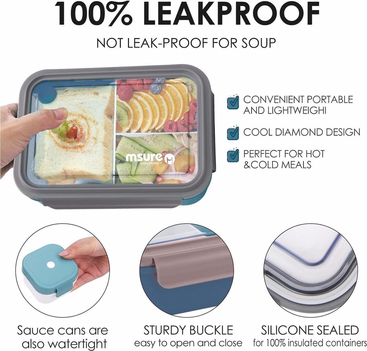 Broodtrommel met vakken, 1500 ml, lunchbox voor volwassenen/kinderen, snackdoos met bestek en klein blikje, lekvrije broodtrommel met onderverdeling, bentobox voor school, werk, picknick, reizen (blauw)