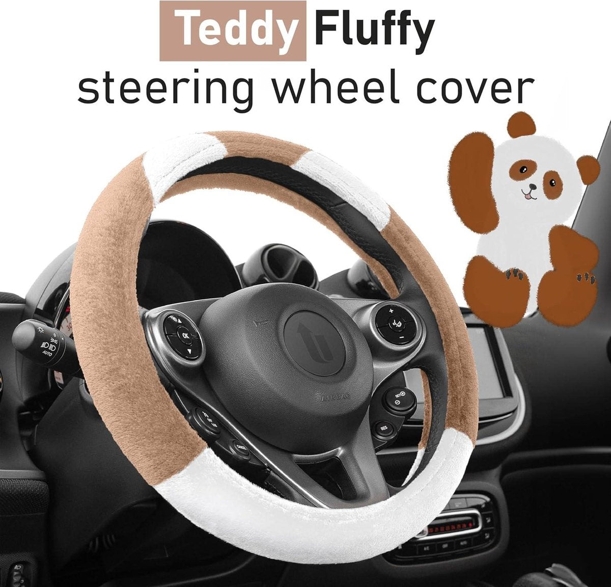 Steering Wheel Cover Plush Brown White - Teddy Interior Accessories for Women - Universal 37-39 cm / 145-15 Inch Steering Wheel Cover Leopard
