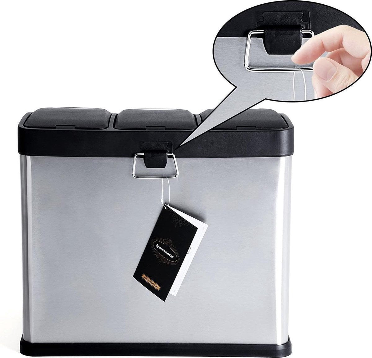 Robust 3-in-1 Pedal Bin for Waste Separation - 24 Litres - Steel, Silver - Easy to Clean Waste Bin