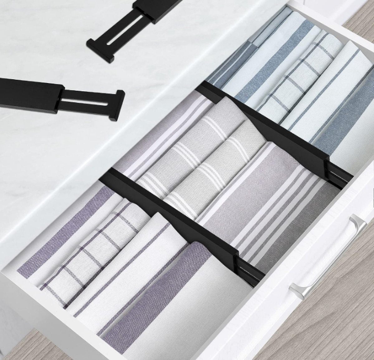 Set of 4 Bamboo Wood Black Adjustable Drawer Dividers 42.2cm-55.2cm, wardrobe clothing drawer, kitchen, bedroom organizer