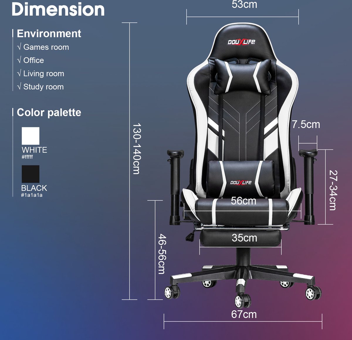 PU Massage Gaming Chair with Footrest - Ergonomic Gaming Chair - 175° - Office Chair - White&Black