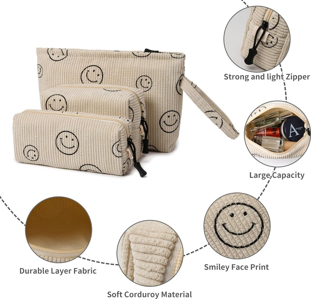 Tijdloze Corduroy Make-up Tas Set voor Vrouwen, Meisjes en op Reis, Beige