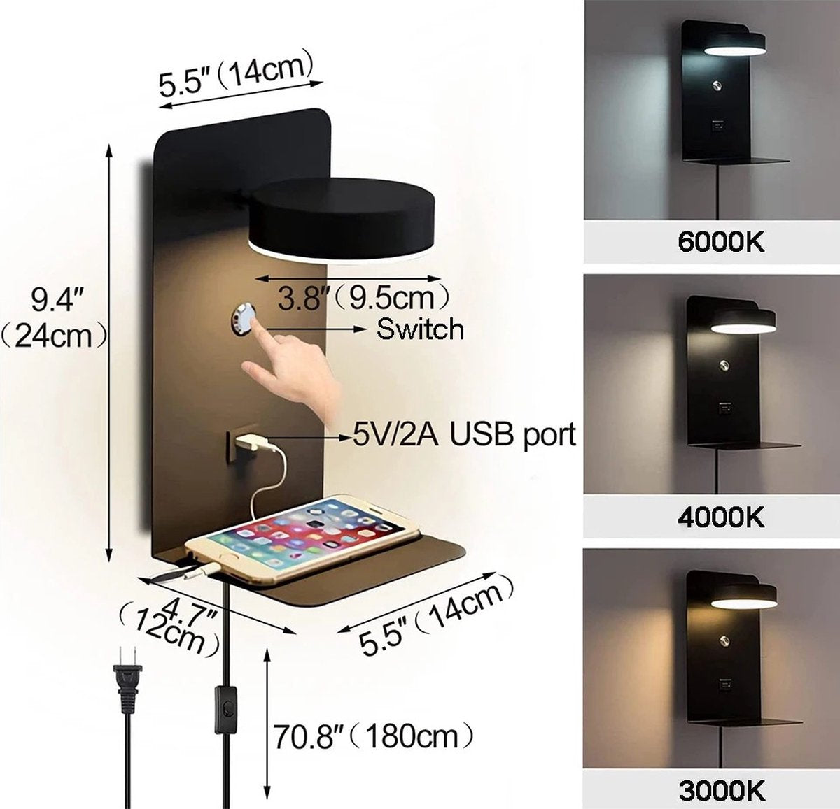 2 stuks Wandlamp slaapkamer - wandlampje - bedlampje - Wandlamp binnen - nachtlampje volwassenen - LED wandlamp - voor naast bed - inclusief USB o-laadpoort - inclusief schakelaar - zwart