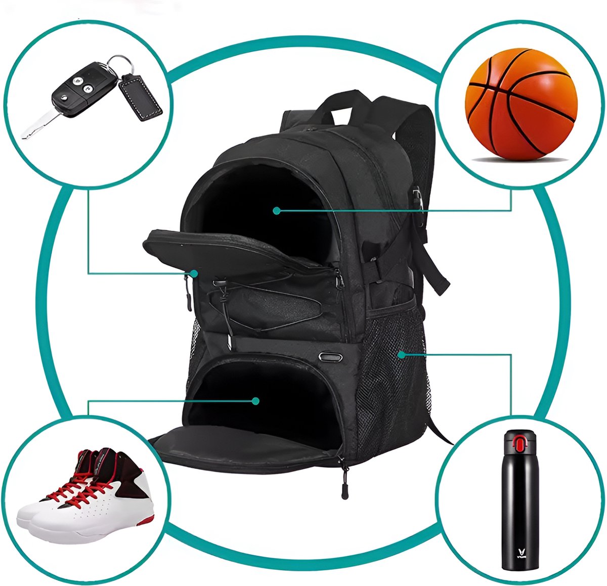 E-Shop4u - Basketbal Rugzak Grote sporttas met aparte balhouder Schoenenvak, Waterbestendig | - Zwart