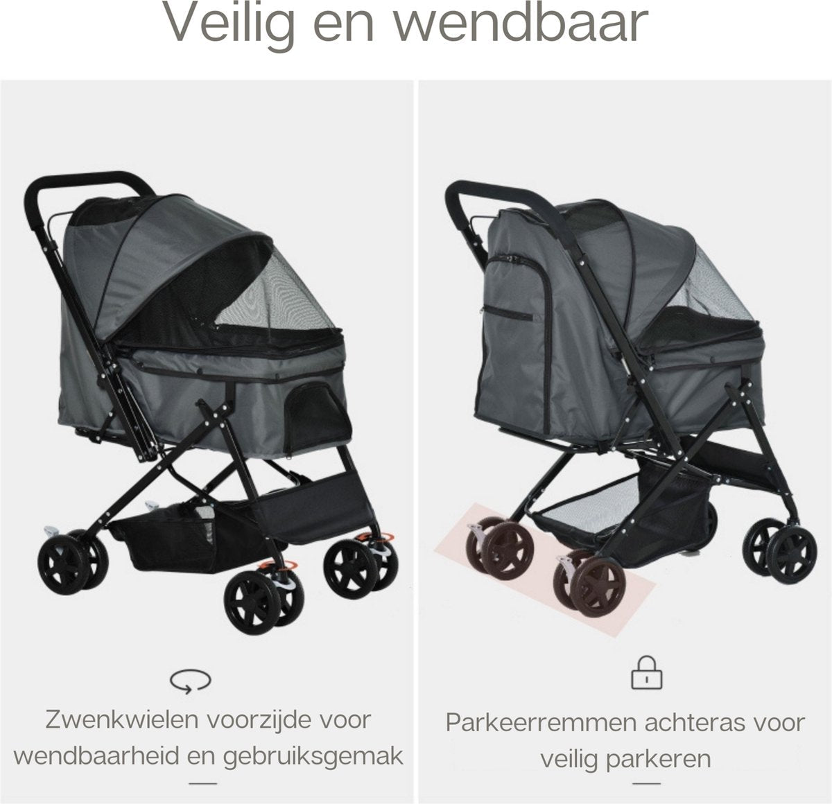 Zenzee - Dog Stroller - Foldable - Parking Brake - Storage Space - Grey