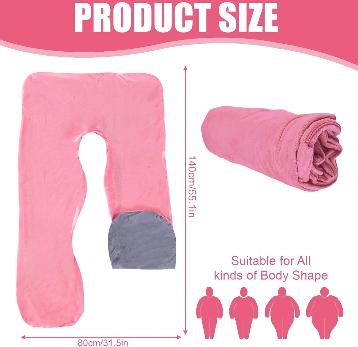 U-Shaped Pillowcase Cotton Cover Pregnancy Pillow Detachable Body Pillow - Adults Nursing Pillow Machine Washable - 140 x 80 cm - Pink Grey Body Pillow