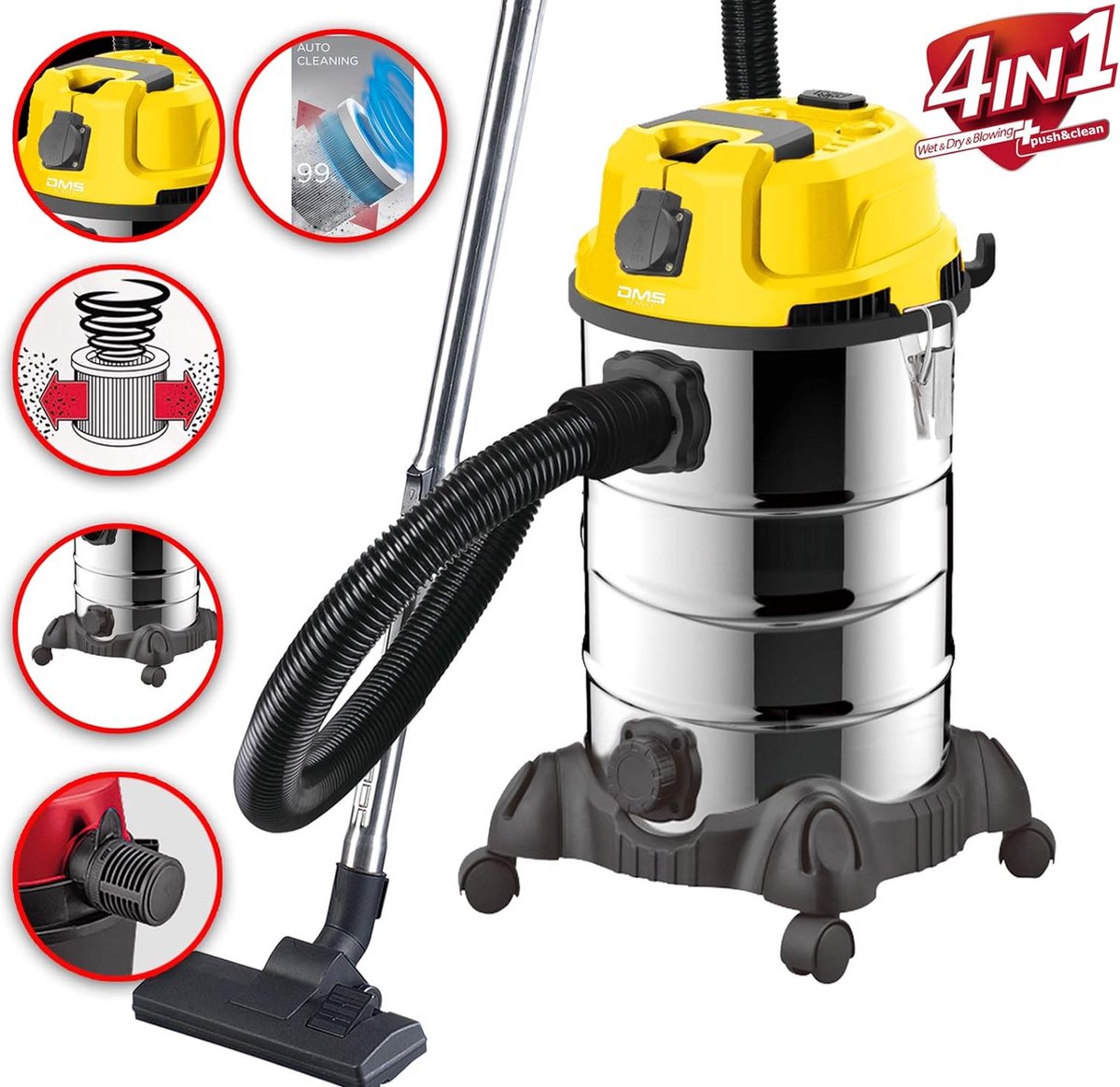 Kleyn - Industrial Vacuum Cleaner - Powerful Professional Vacuum Cleaner - Industrial Cleaning Machine - 2300 Watt - Wet Vacuum - Dry Vacuum - Stainless Steel - Blower Function - Filter Cleaning System - Bagless - 30 Liters - Red