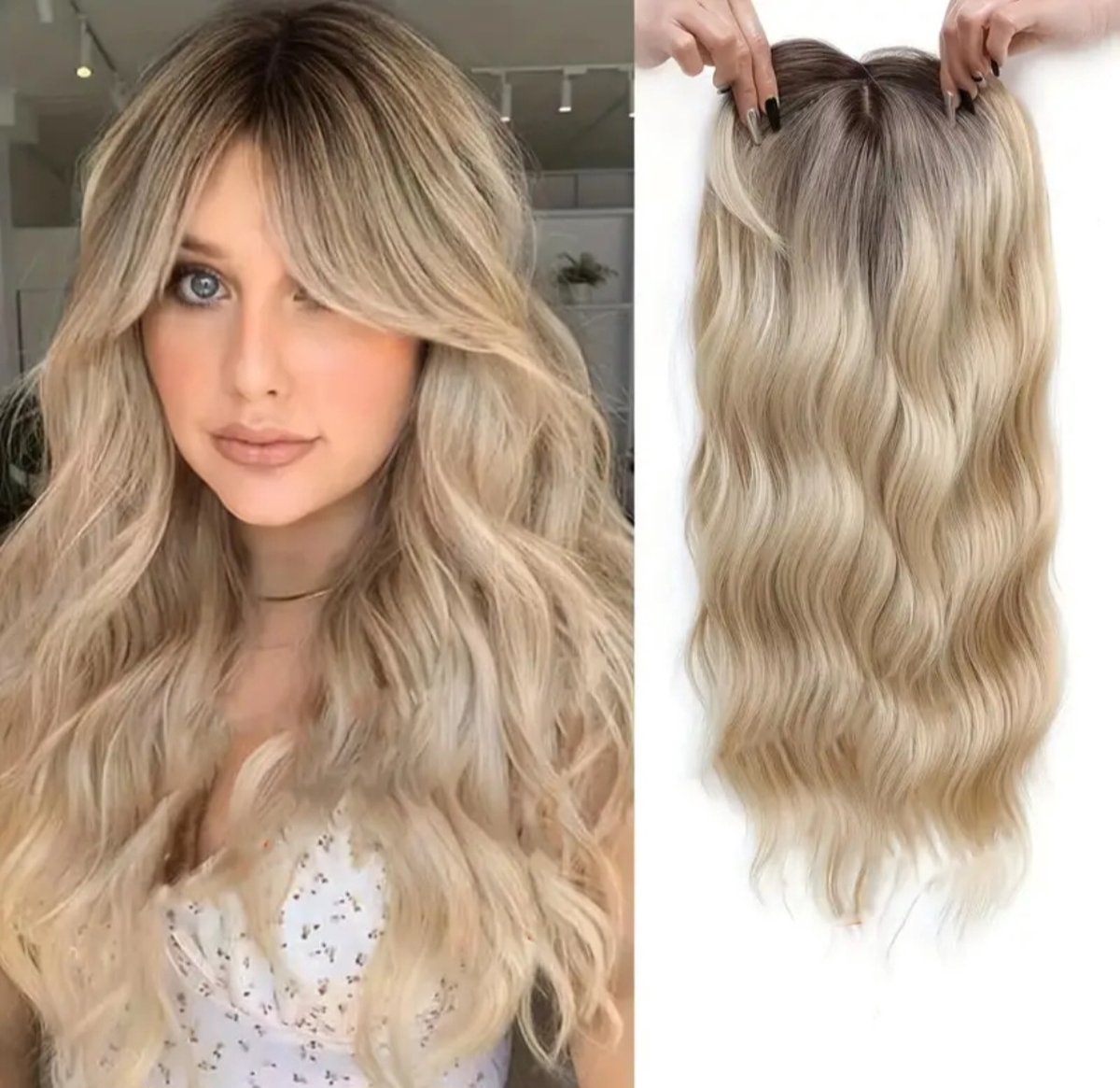 Beautiful natural-looking hair topper hair extensions wig for thinning hair or to cover bald spots or gray hair. Color ombre blonde long model