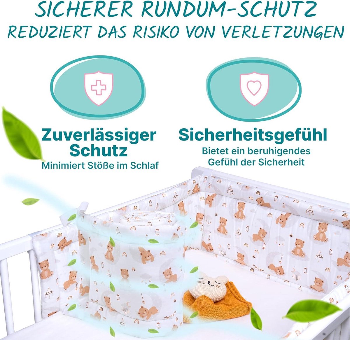 Wieg bumper 70 x 140/60 x 120 cm Öko-Tex 100 Zachte ledikant bescherming 100% katoen-Baby ledikant bumper-Machine wasbaar-Ademend - Co sleeper