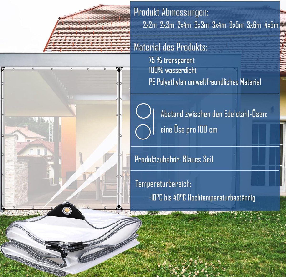 Waterdicht transparant PE-zeil met ingeperste ringen, weerbestendig, opvouwbaar, regenbescherming voor tuinmeubelen, planten en kassen, geschikt voor camping, balkon, afdekzeil, waterdicht, 2x4