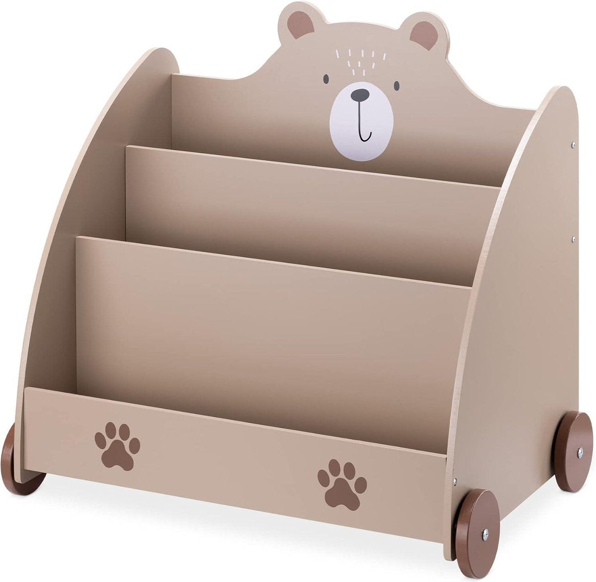 Kids bookcase with wheels - Wooden storage rack for children with 3 compartments - Montessori toy and book organizer - 60 x 58 x 40 cm - Brown bear toy cabinet