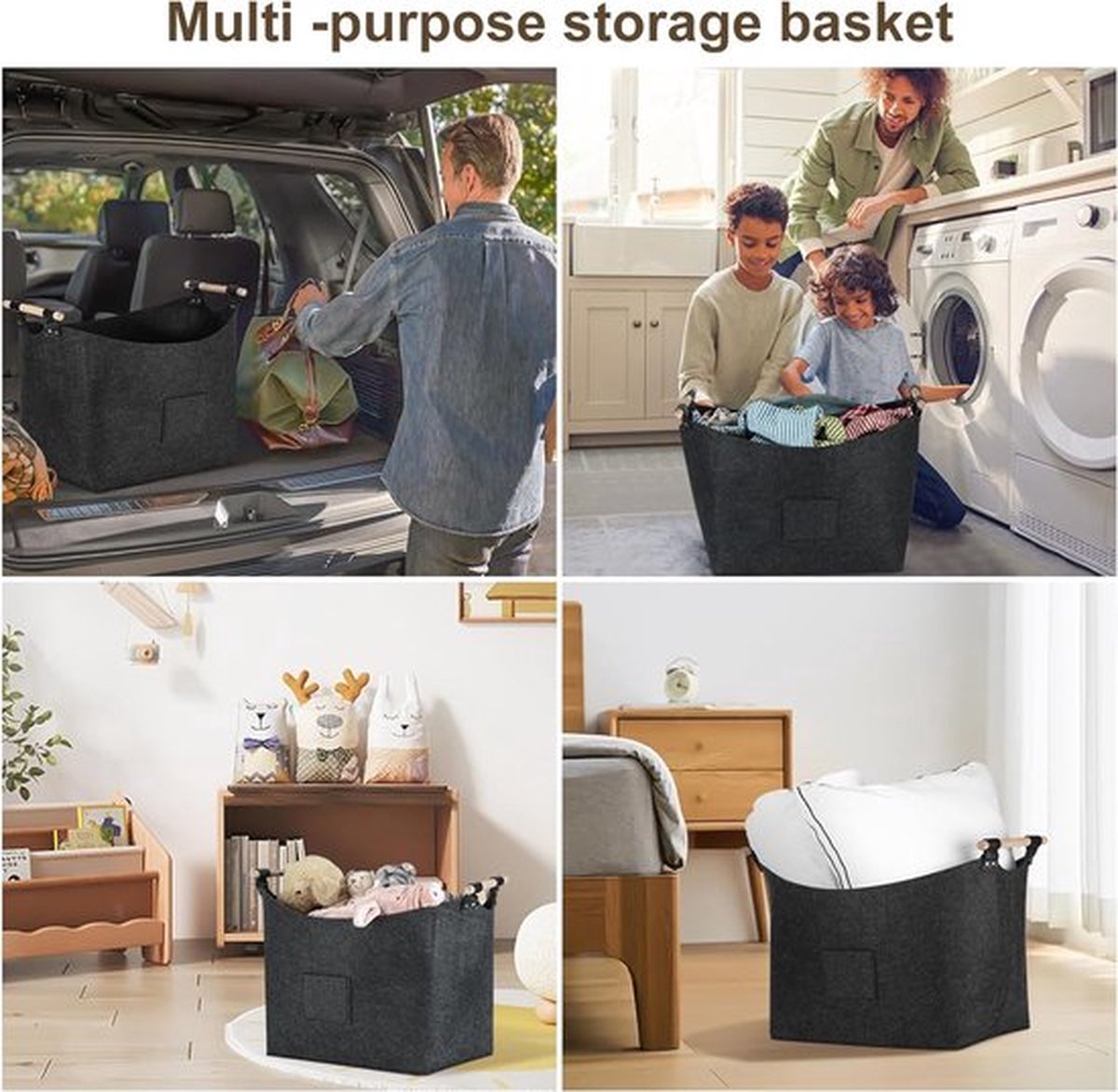 Equivera houtmand voor haardhout XL, 60 liter, mand voor brandhout, brandhoutmand, opslag binnen, opvouwbare vilten mand voor hout, opvouwbaar, transport en opslag (donkergrijs)