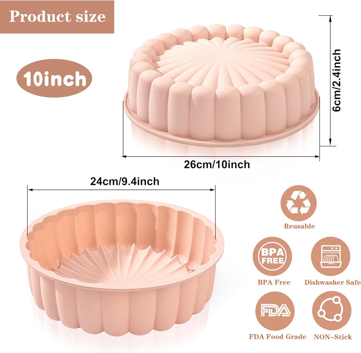 Charlotte siliconen bakvorm 25,4 cm (25,4 cm) cakevorm zonnebloem ronde siliconen vormen anti-aanbak geribbelde cakevorm voor verjaardagsfeest DIY bakgereedschap roze