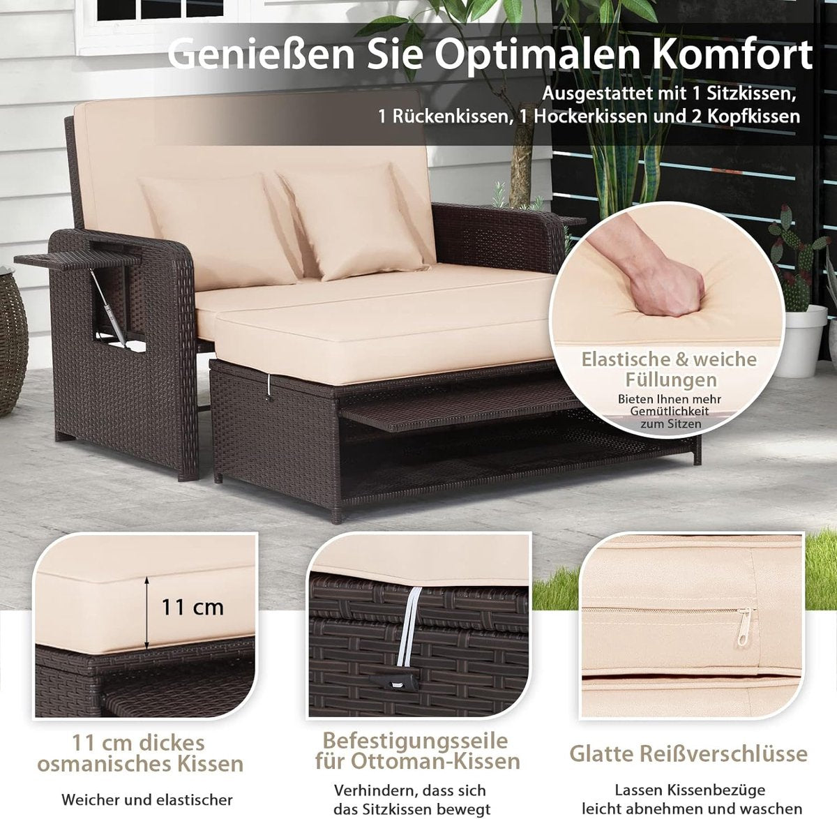 Rieten bankstel - 2-zits fauteuil met voetenbank en 2 bijzettafels, terrasbank, slaapfunctie, lounge tuinbank, verstelbaar voor buiten, balkon en tuin, 170 x 120 x 91 cm