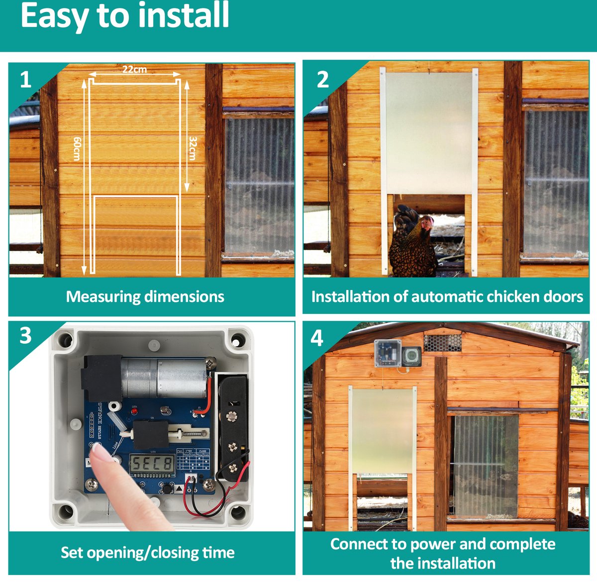 Automatic Chicken Coop Door - Coop Opener - Chicken Door - Chicken Coop Door with Controller - Chicken Door with Timer and Light Sensor - Aluminum - 22 x 32 cm
