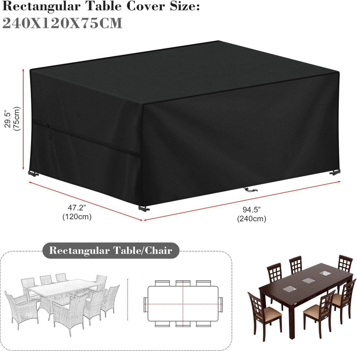 Garden furniture cover for garden tables, 240 x 120 x 75 cm, lounge furniture cover, waterproof garden furniture tarpaulin, winter-proof, 420D Oxford covers for tables, chairs,
