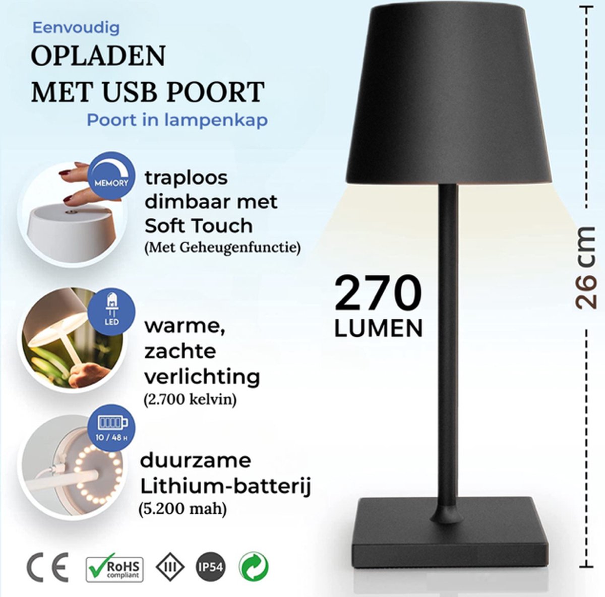 Mini Rechargeable Table Lamp - Table Lamp Bedroom and Living Room - Cordless Table Lamp for Indoor and Outdoor - Cordless Battery Operated Table Lamp - Rechargeable Table Lamp - Black Table Lamp - 26cm