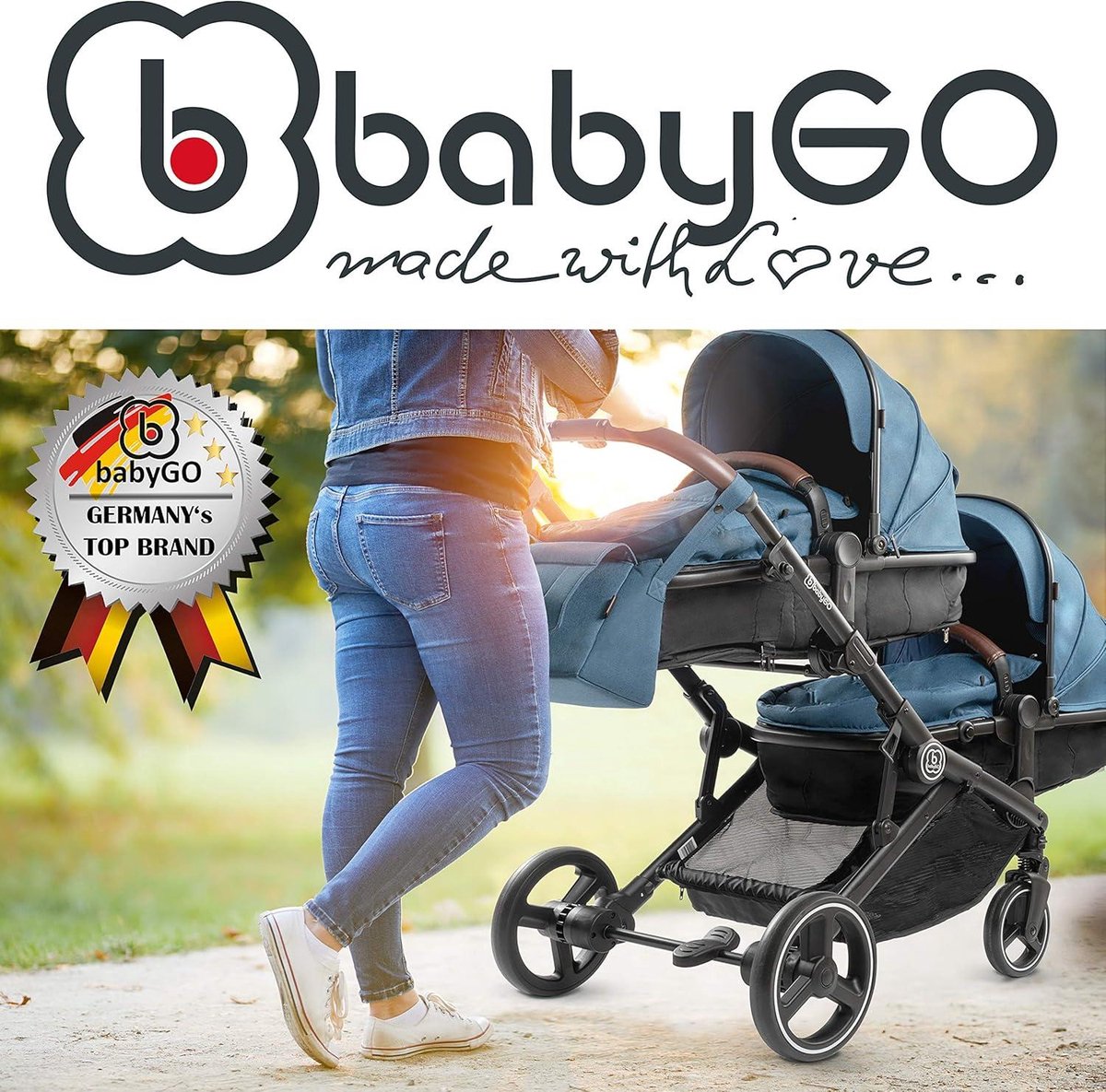 3-in-1 Kinderwagen voor tweelingen - Baby's en kinderwagen voor broers en zussen - Tweelingwagen voor 2 kinderen met accessoires - Blauw melange (exclusief babyzitje) Duokinderwagen