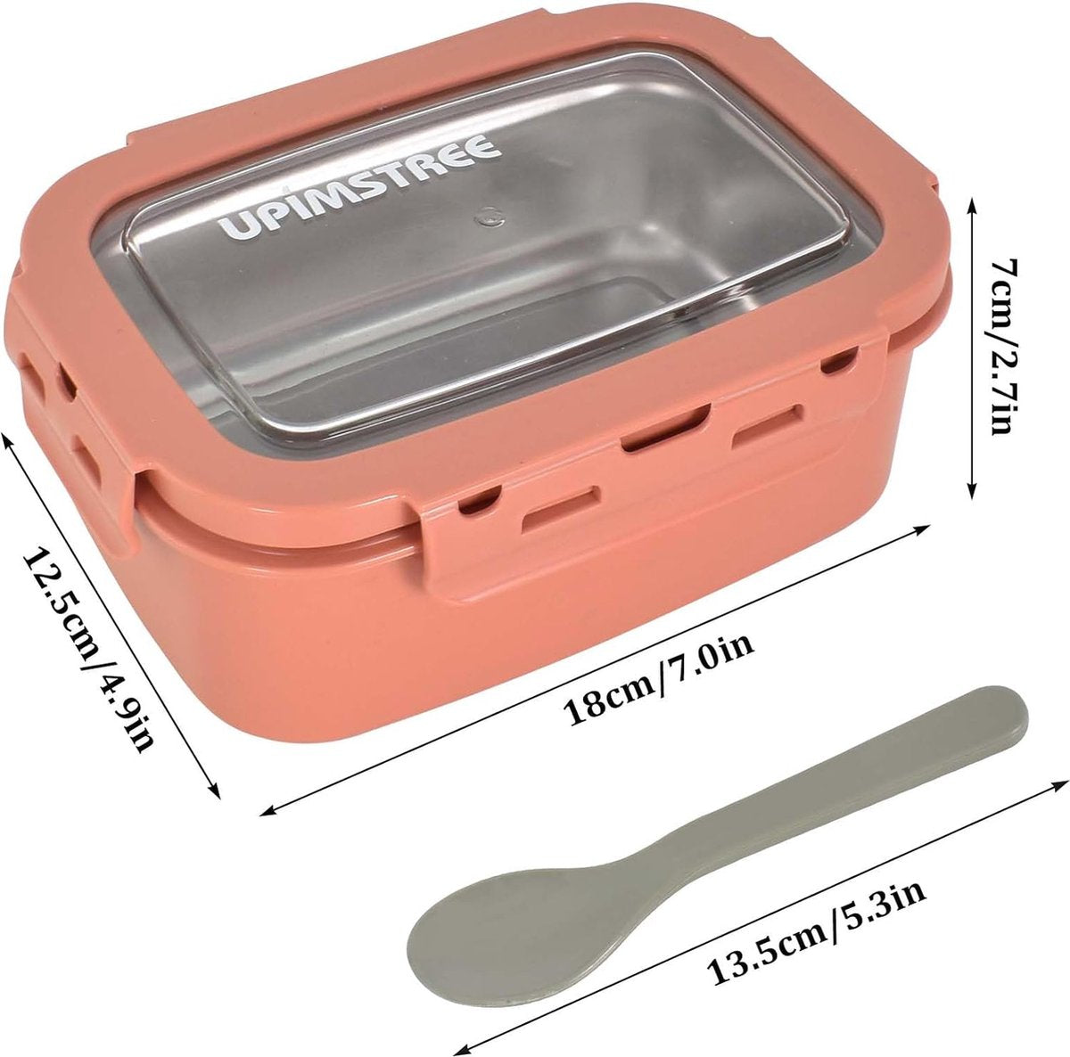 Roestvrijstalen broodtrommel, lekvrij, lunchbox 800 ml, met een lepel, clips sluiting, robuuste bento box, voor werk, picknick, voor volwassenen en kinderen, oranje
