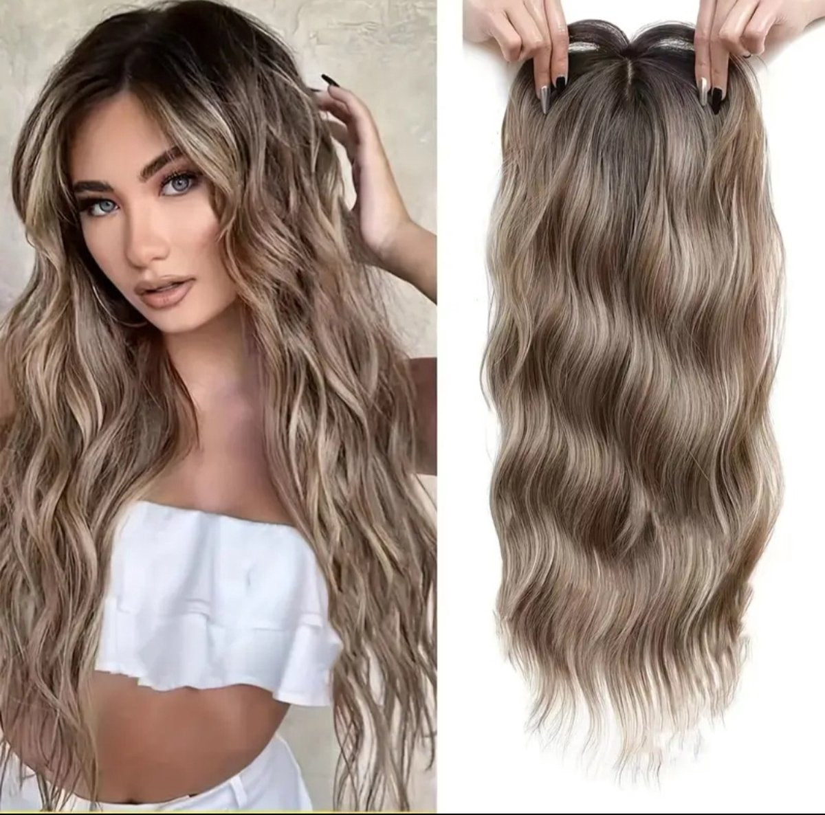 Beautiful natural looking hair topper hair extensions wig for thinning hair or to cover bald spots or gray hair. Color light brown dark blonde with highlights long model